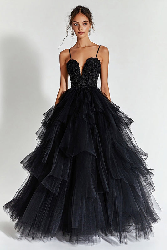 Sparkly Black Spaghetti Straps Tulle Ball Gown Long Prom Dress with Ruffles