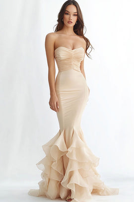 Champagne Satin Strapless Mermaid Long Prom Dress with Ruffles