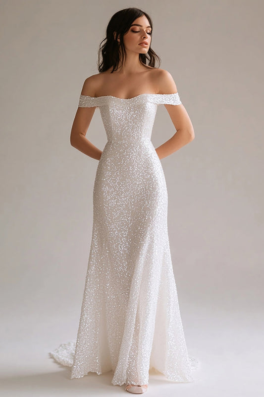 Sparkly White Sequin Sheath Long Off the Shoulder Prom Dress
