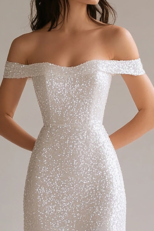 Sparkly White Sequin Sheath Long Off the Shoulder Prom Dress