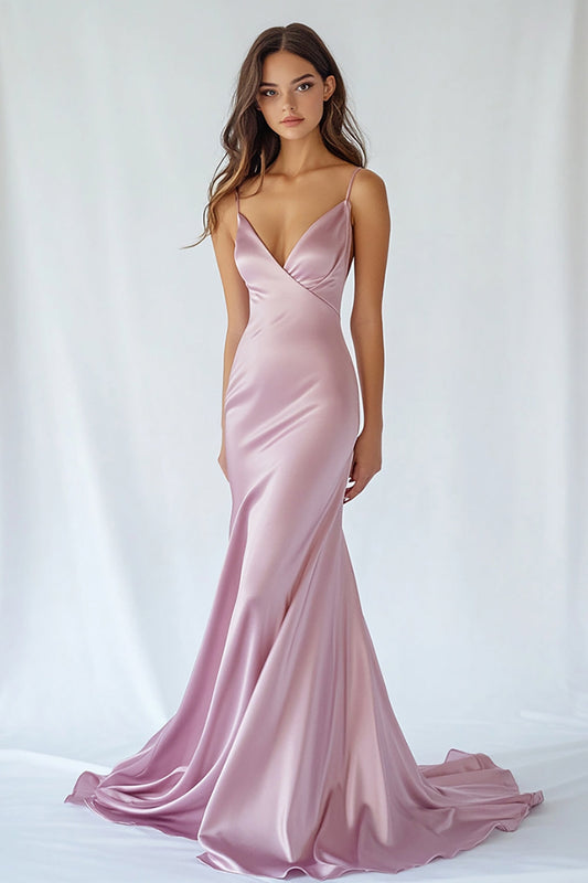 Pink Satin Mermaid V-Neck Spaghetti Straps Long Prom Dress