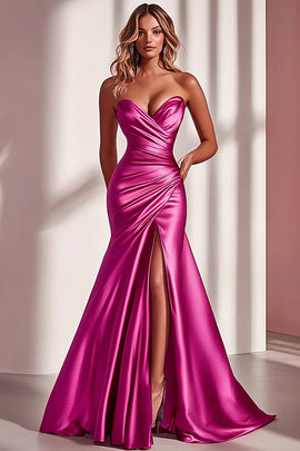 Fuchsia Satin Sweetheart Mermaid Long Ruched Prom Dress with Slit