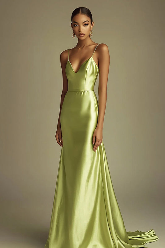 Lemon Green Satin V-Neck Sheath Spaghetti Straps Long Prom Dress
