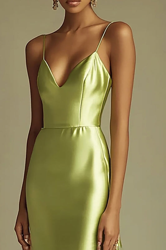 Lemon Green Satin V-Neck Sheath Spaghetti Straps Long Prom Dress