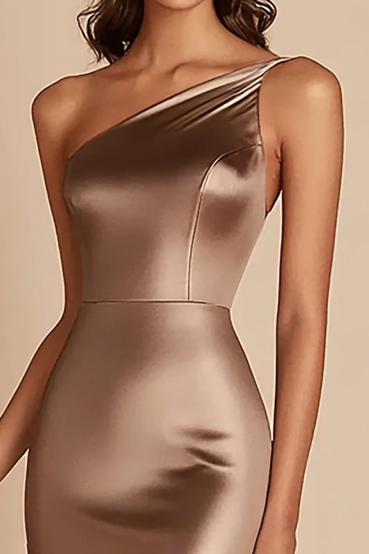 Mermaid Coffee Satin One Shoulder Long Prom Dress with Slit