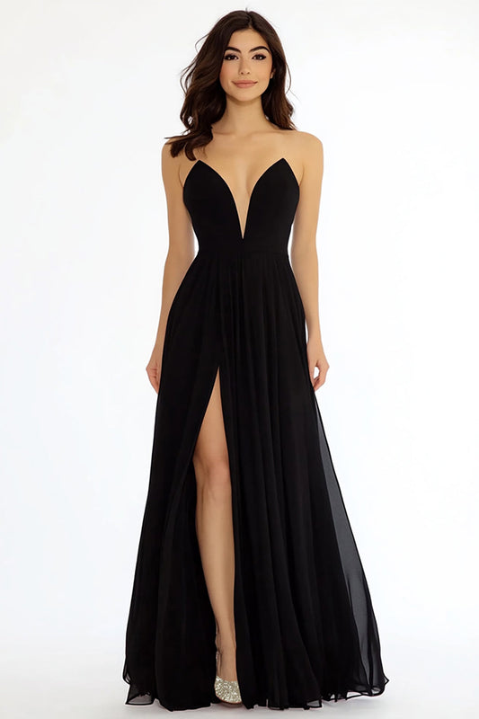 Black A Line V-Neck Long Prom Dress with Slit