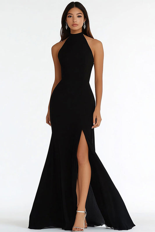 Mermaid Black High Neck Long Prom Dress with Slit