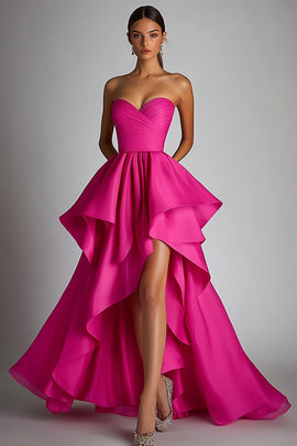 Fuchsia Satin Sweetheart Ball Gown High Low Prom Dress with Ruffles