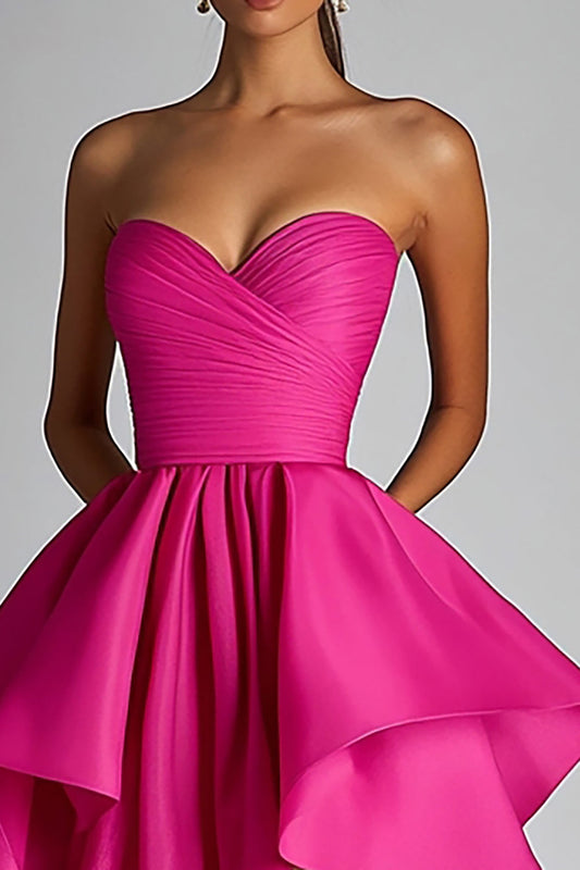 Fuchsia Satin Sweetheart Ball Gown High Low Prom Dress with Ruffles