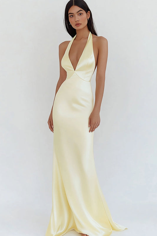 Daffodil Satin Long Prom Dress Sheath Halter V-Neck Formal Dress