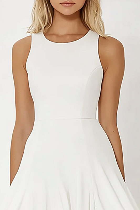 White Satin Short A Line Round Neck Graduation Dress with Ruffles
