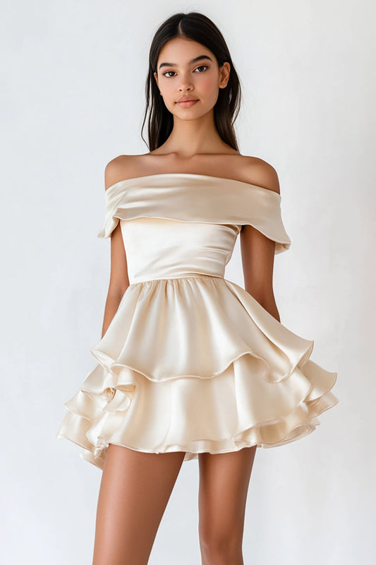 Champagne Satin Off the Shoulder Short A Line Graduation Dress with Ruffles