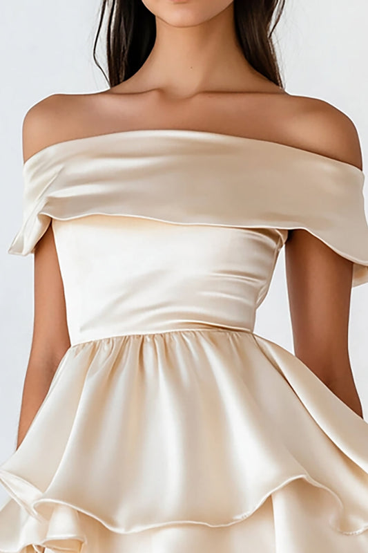 Champagne Satin Off the Shoulder Short A Line Graduation Dress with Ruffles