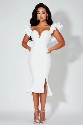 White Satin Bodycon Midi Graduation Dress with Ruffles
