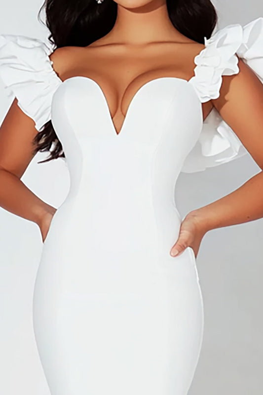 White Satin Bodycon Midi Graduation Dress with Ruffles
