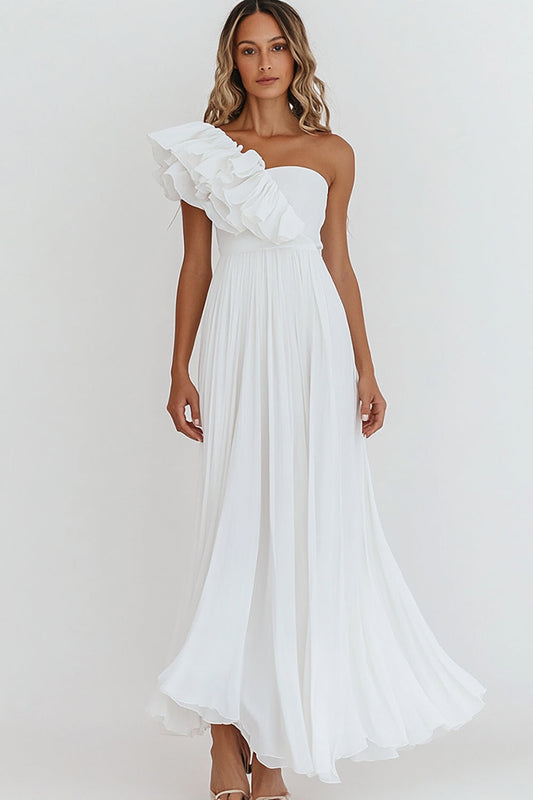 White Chiffon A Line One Shoulder Engagement Dress with Ruffles