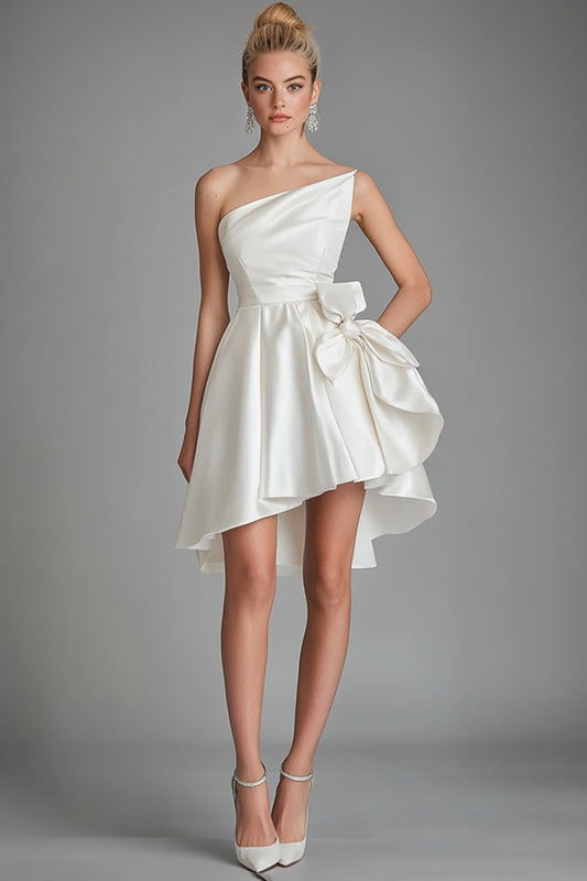 Ivory One Shoulder Satin A Line Graduation Dress with Bow