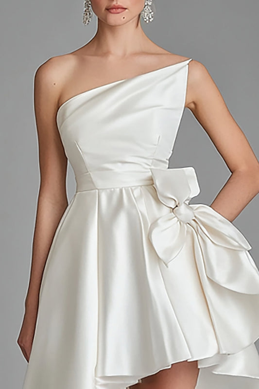 Ivory One Shoulder Satin A Line Graduation Dress with Bow