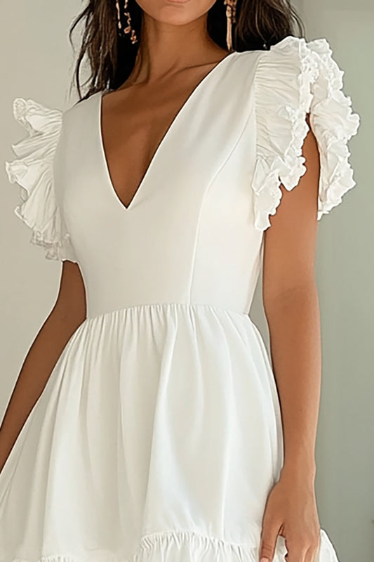 White Satin V-Neck A Line Short Graduation Dress with Ruffles