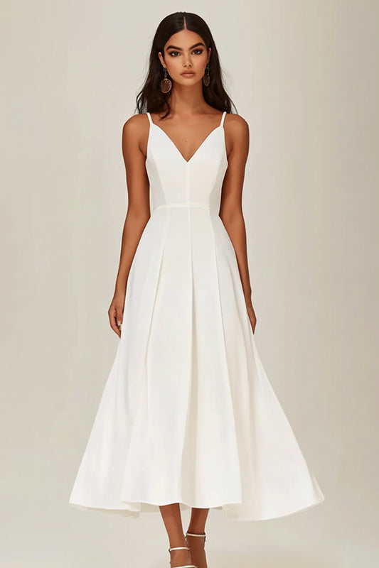 White Satin V-Neck Long A Line Engagement Dress