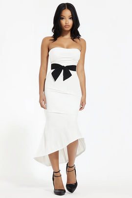White Satin Strapless Mermaid Engagement Dress with Bow