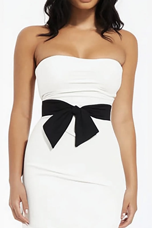 White Satin Strapless Mermaid Engagement Dress with Bow