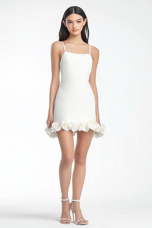 White Satin Floral Spaghetti Straps Short Bodycon Graduation Dress