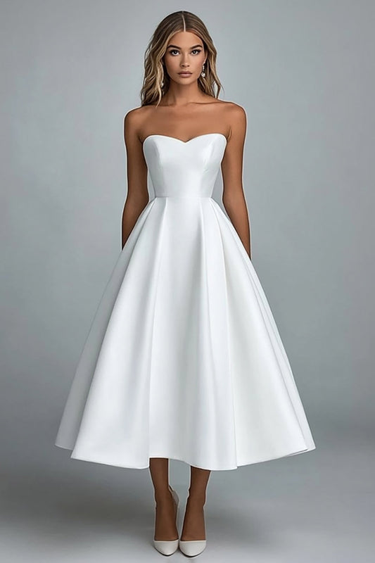 White Satin Strapless Midi A Line Engagement Dress