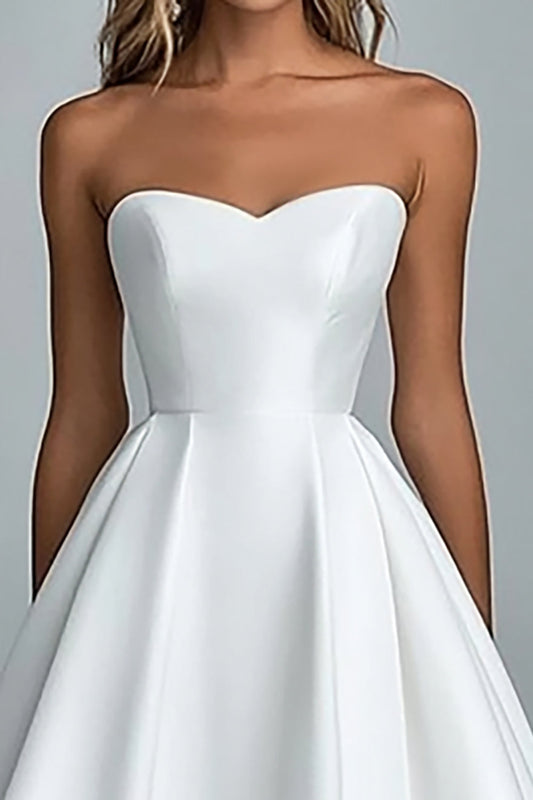 White Satin Strapless Midi A Line Engagement Dress