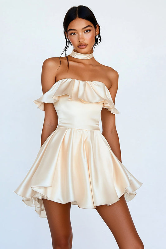 Champagne Strapless Short Satin Graduation Dress with Ruffles