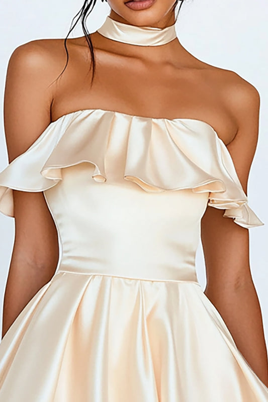 Champagne Strapless Short Satin Graduation Dress with Ruffles