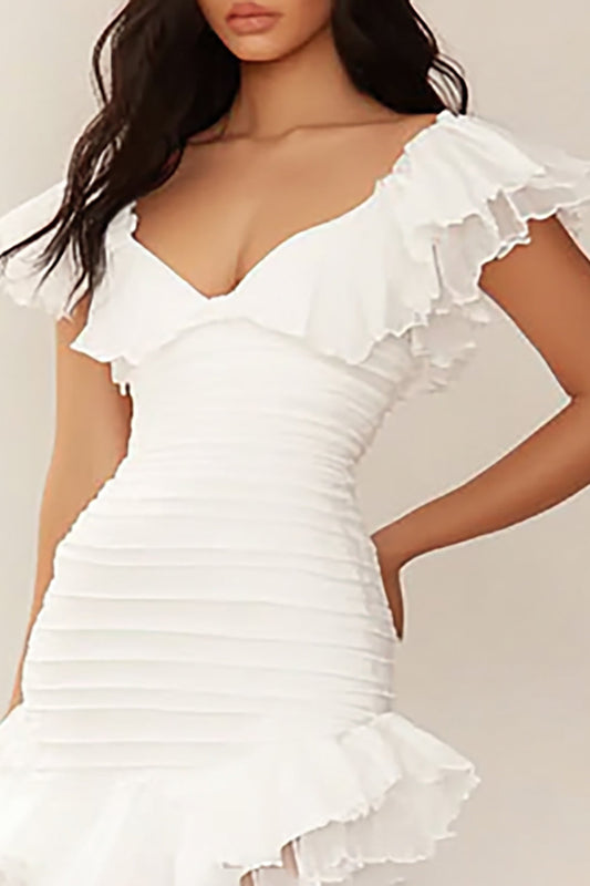 White Asymmetrical V Neck Short Graduation Dress with Ruffles