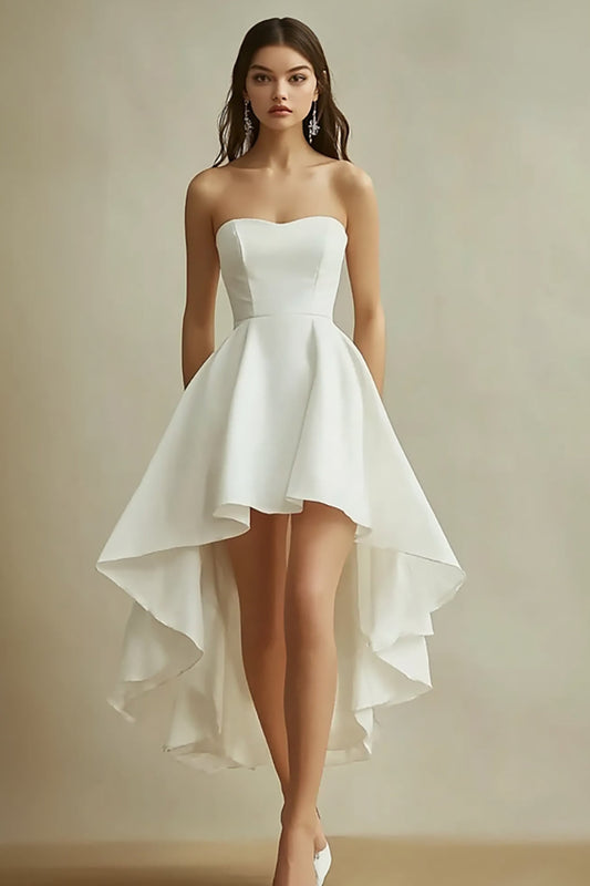 White Satin Strapless High-Low A Line Graduation Dress