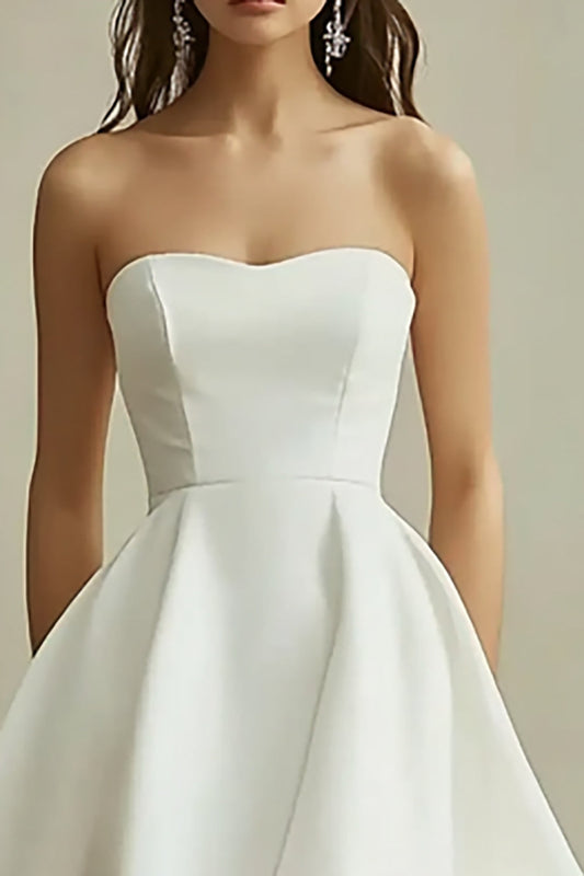 White Satin Strapless High-Low A Line Graduation Dress