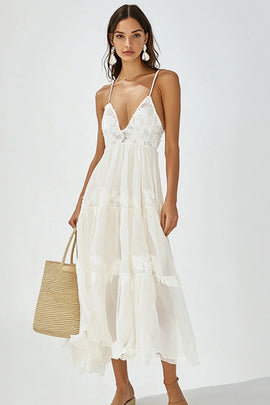 White V Neck A Line Boho Maxi Dress with Ruffles