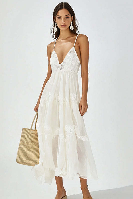 White V Neck A Line Boho Maxi Dress with Ruffles