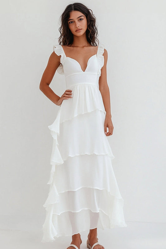 White Chiffon V Neck Long A Line Engagement Dress with Ruffles