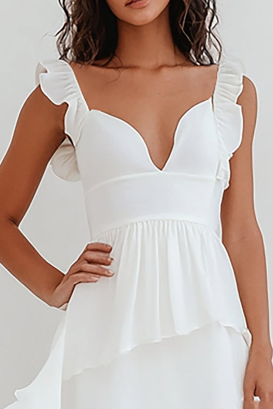 White Chiffon V Neck Long A Line Engagement Dress with Ruffles