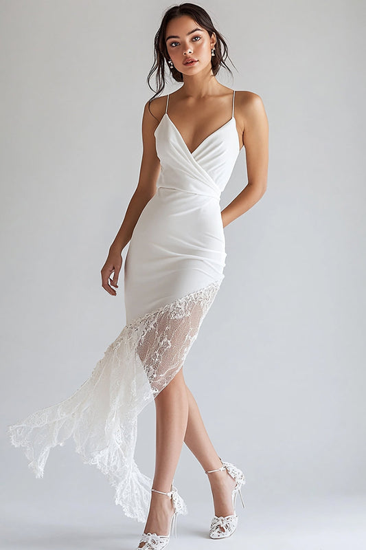 White Chiffon V Neck Asymmetrical Graduation Dress with Lace