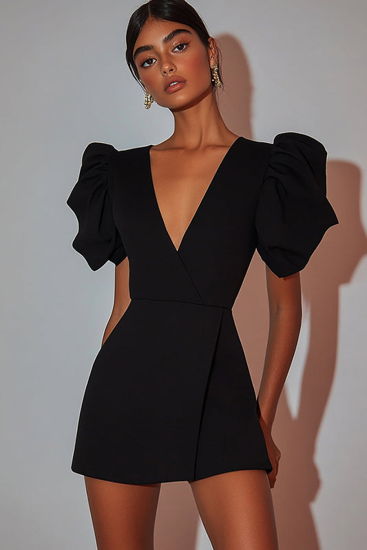 Black Satin V-Neck Short Cocktail Dress with Puff Sleeves