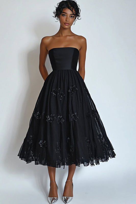 Black Floral A Line Square Neck Midi Formal Dress with Lace