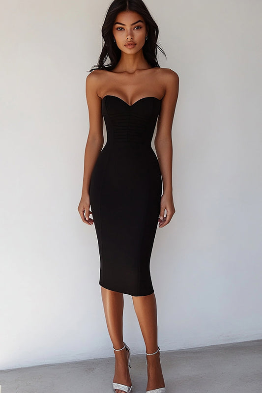 Black Satin Sweetheart Bodycon Midi Cocktail Dress