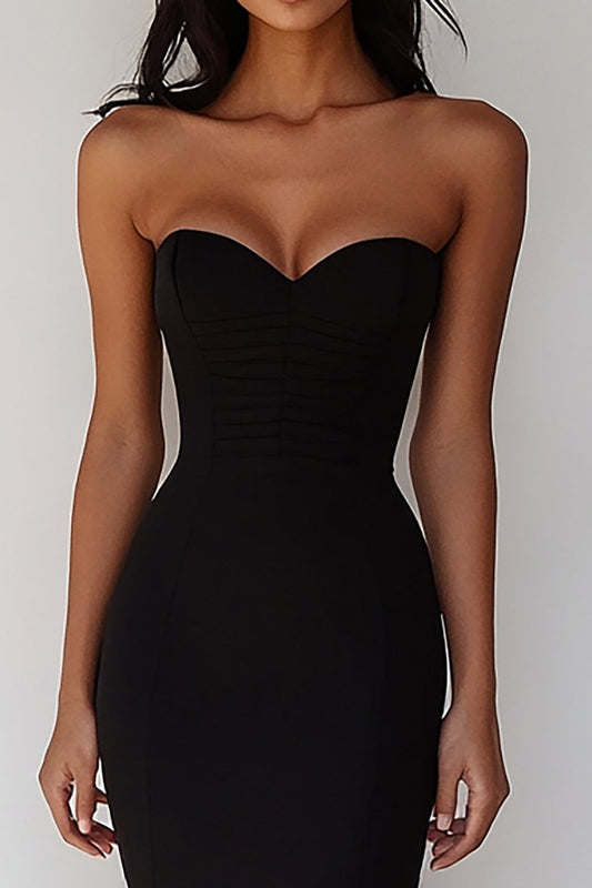 Black Satin Sweetheart Bodycon Midi Cocktail Dress