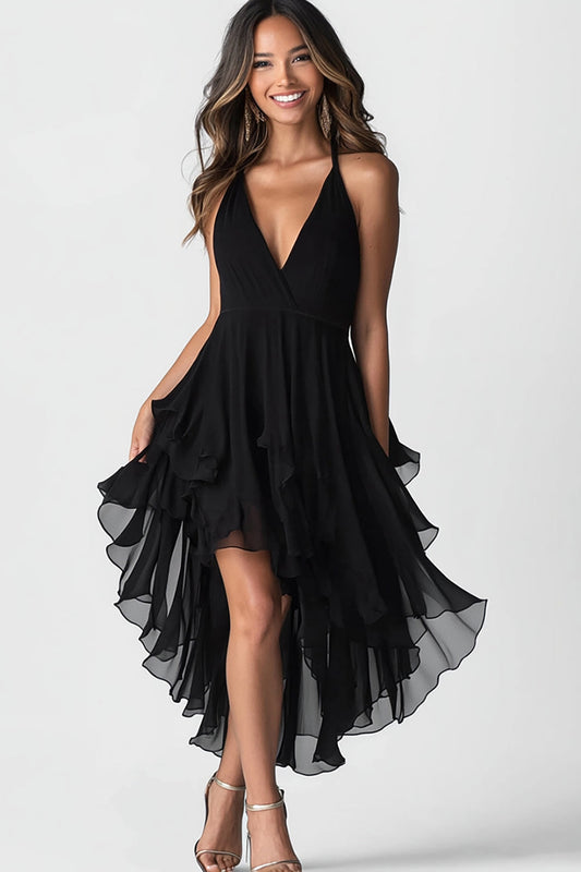 Black A Line V-Neck Asymmetrical Chiffon Cocktail Dress with Ruffles