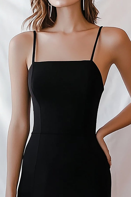 Black Satin Spaghetti Straps Bodycon Short Cocktail Dress