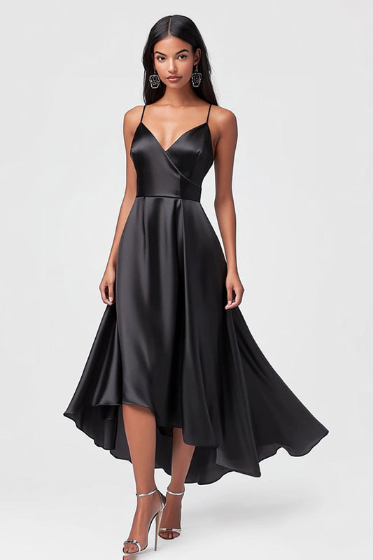 Black Satin V-Neck Asymmetrical Long A Line Formal Dress