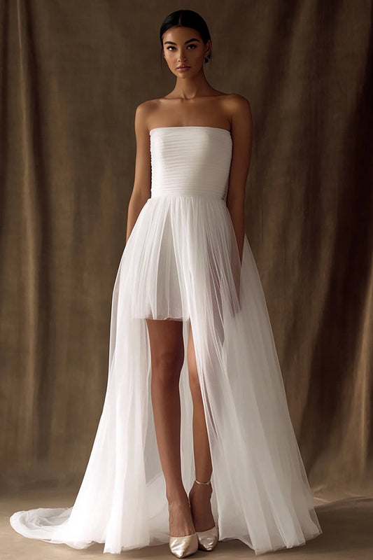 White Tulle Square Neck High-Low Engagement Dress with Pleats