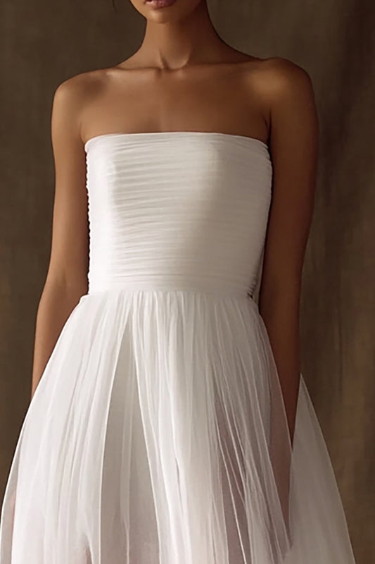White Tulle Square Neck High-Low Engagement Dress with Pleats