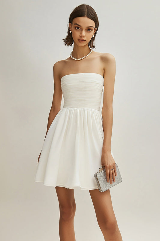 White Satin Square Neck A Line Short Graduation Dress