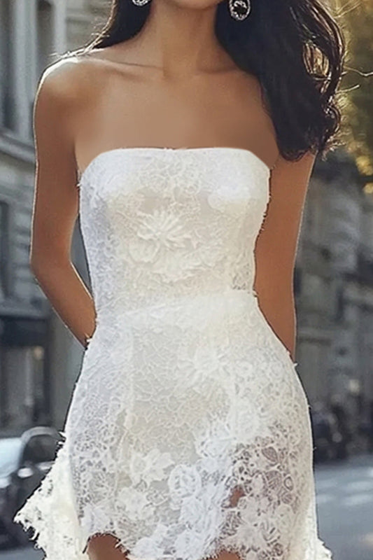 White Lace Strapless High-Low Boho Graduation Dress